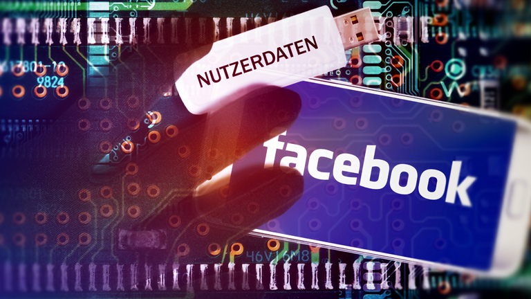 Schwarze Hand über Handy mit Facebook-Schriftzug und USB-Stick mit Aufschrift Nutzerdaten