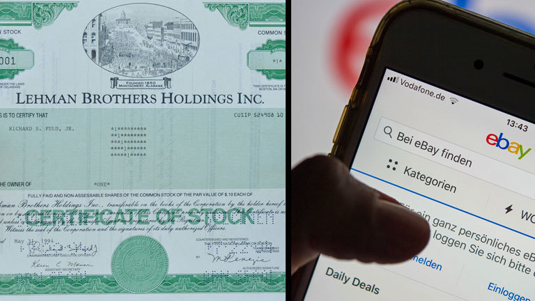 Lehman Brothers Aktie und ein Smartphonebildschirm, auf dem Ebay aufgerufen wird.