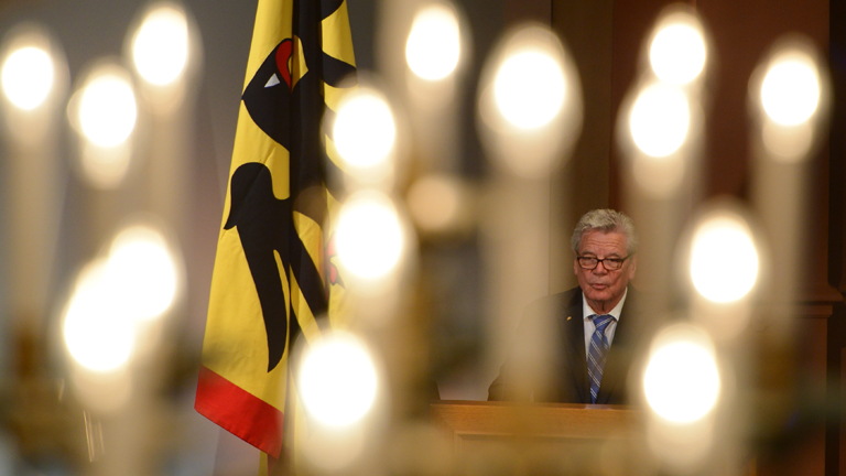 Bundespräsident Joachim Gauck hält am 26.05.2014 im Gesellschaftshaus des Palmengartens in Frankfurt am Main (Hessen) eine Rede.