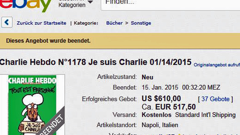 Der Screenshot zeigt ein Ebay-Angebot für eine Ausgabe von Charlie Hebdo.