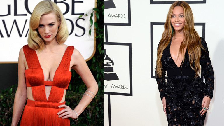 January Jones und Beyoncé in Abendkleidern.