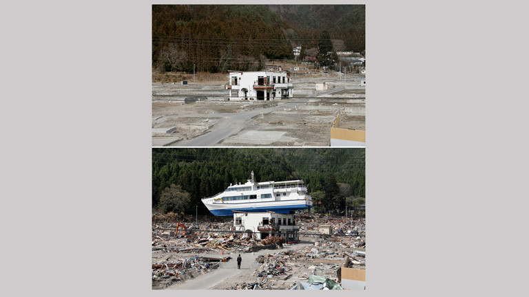 Zwei Bilder zeigen eine Szene vor und nach dem Tsunami 2011 in Japan. Auf dem oberen Foto ist ein einzelnes Haus zu sehen. Auf dem unteren ist das Haus teils zerstört und auf dem Haus ist ein Schiff angespült worden; Bild: dpa
