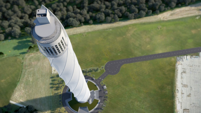 Blick von oben auf den Testturm von Thyssen Krupp; Foto: thyssenkrupp