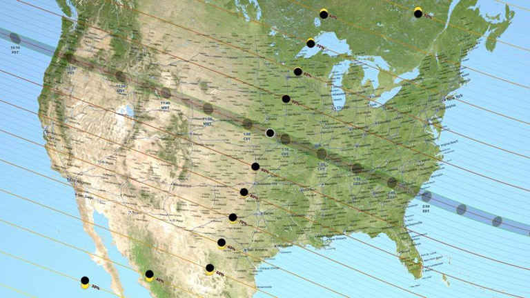 Grafik der Bahn der totalen Sonnenfinsternis in den USA
