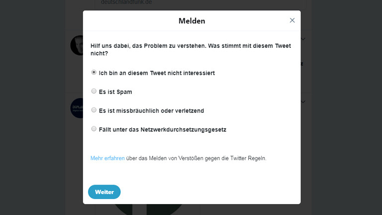 Screenshot: Melde-Formular Twitter