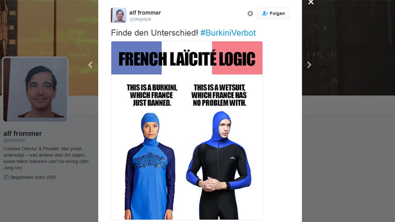Ein Bild zeigt einen Frau im Burkini und einen Schwimmer in einem Ganzkörperneopren
