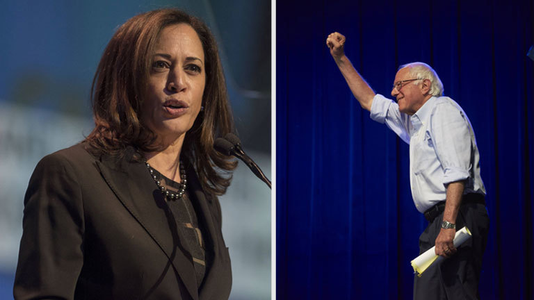 US-Senatorin Kamala Harris aus Kalifornien und US-Demokrat Bernie Sanders