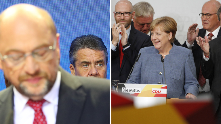 Collage: Martin Schulz und Angela Merkel auf der Wahlparty nach der Bundestagswahl 2017