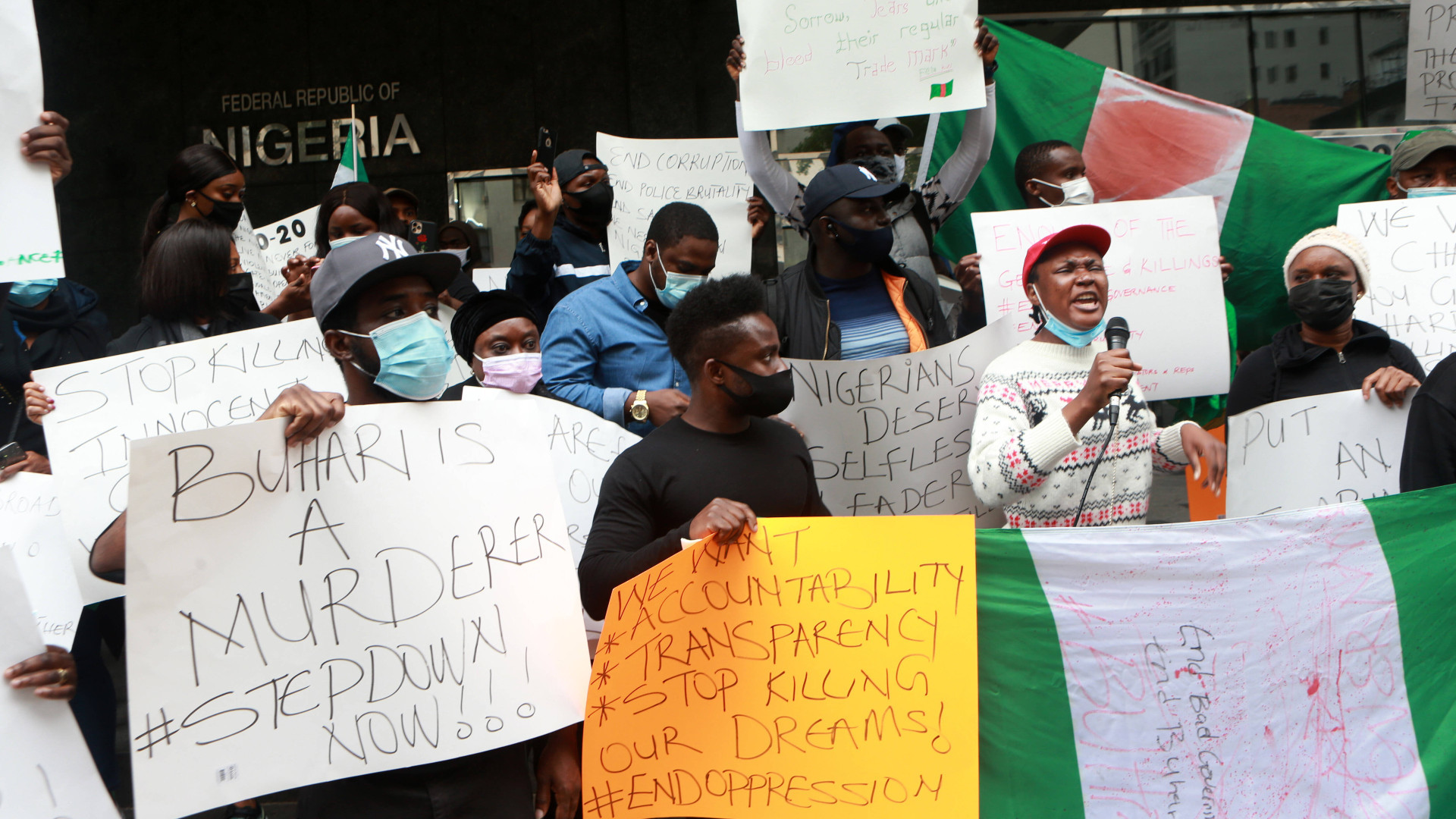 Nigerian Americans and New Yorkers attend the March for Nigerian Lives in solidarity with protests against police brutality and corruption in the City of Lagos in Nigeria, Africa where peaceful protests have resulted in the killings of several demonstrators by the police in the city of Lagos. The peaceful March for Nigerian Lives traversed the city at rallying points which began at the Nigerian Consulate, the New York Times Building, Times Square and finally in front of the U.S. Attorney s Office in Brooklyn, New York on October 21, 2020