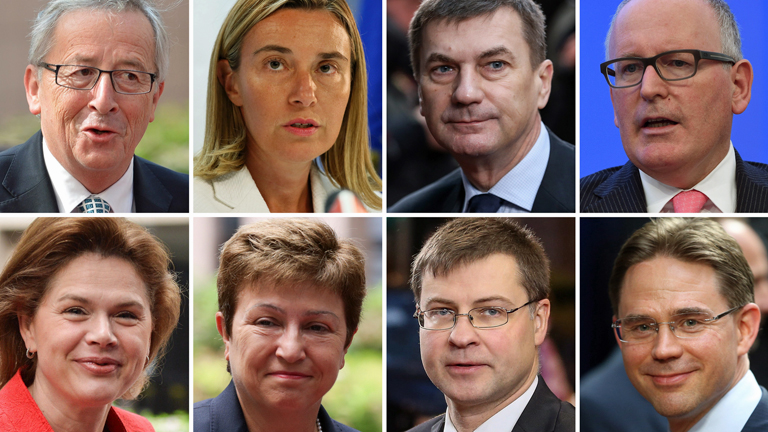 Die EU-Kommission: Präsident Jean-Claude Juncker mit Federica Mogherini, Andrus Ansip, Frans Timmerman, Alenka Bratusek, Kristalina Georgieva,Valdis Dombrovskis und Jyrki Katainen.