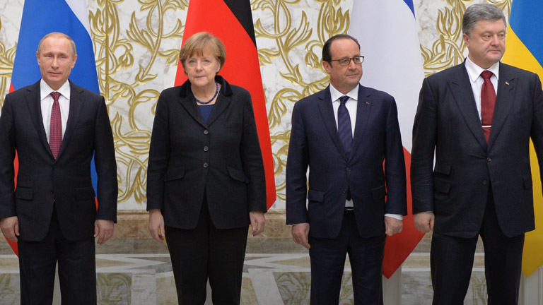 Wladimir Putin, Angela Merkel, François Hollande und Petro Poroschenko