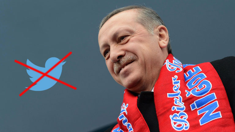 Erdogan mit einem durchgestrichenen Twittervogel.