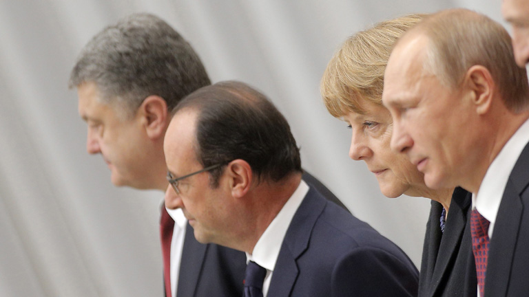 Wladimir Putin, Angela Merkel, Francois Hollande und Petro Poroschenko