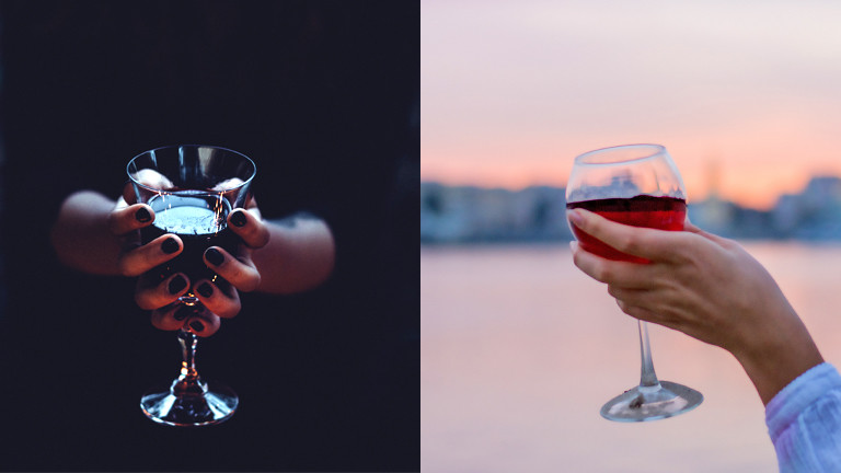 Collage: Dunkles und helles Weinglas