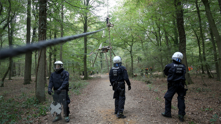 Bei der Räumung: Polizisten und RWE-Mitarbeiter am 5. September 20118 im Hambacher Forst