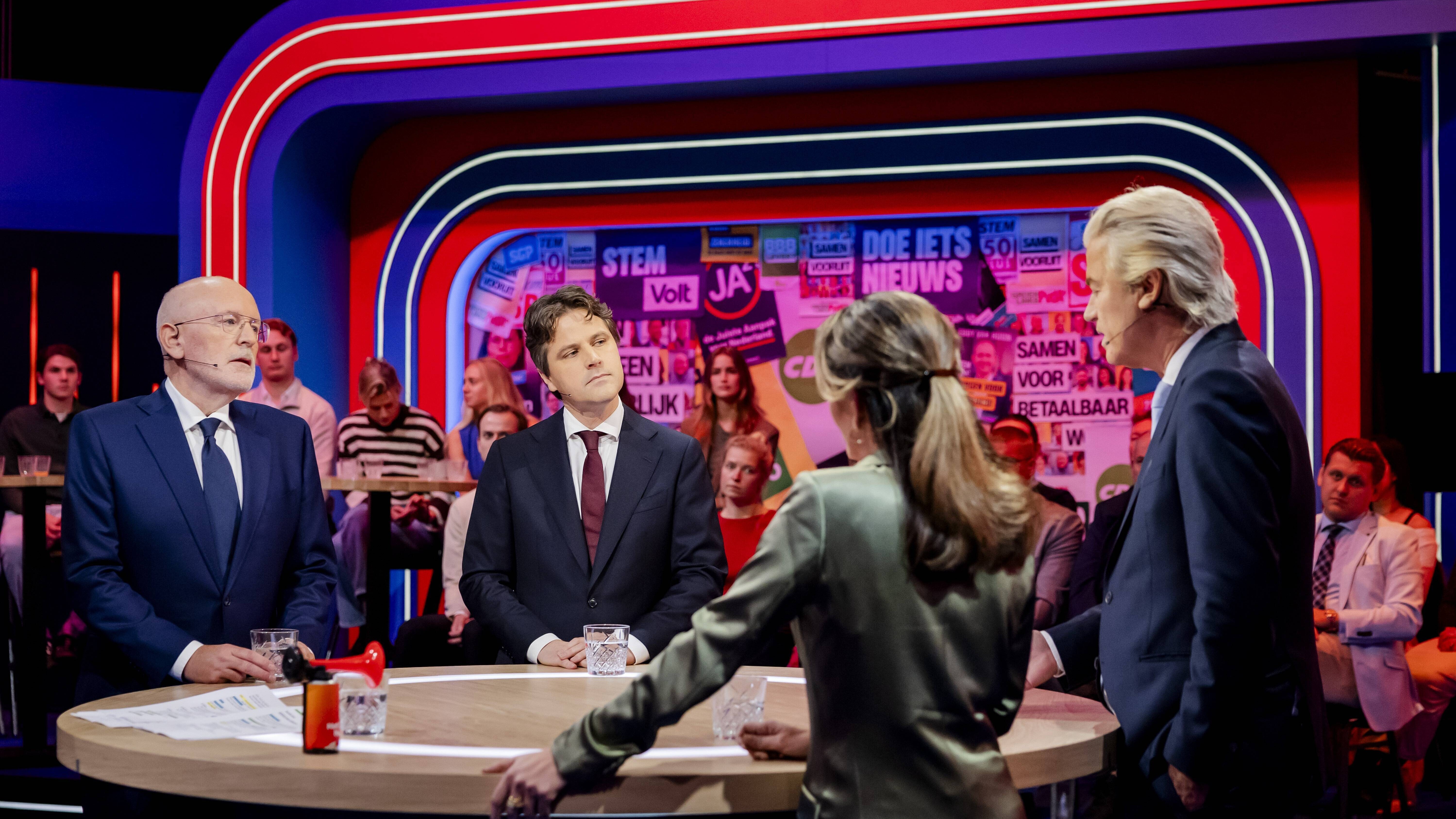 Frans Timmermans (GroenLinks-PvdA), Henri Bontenbal (CDA), Dilan Yesilgoz (VVD), and Geert Wilders (PVV)