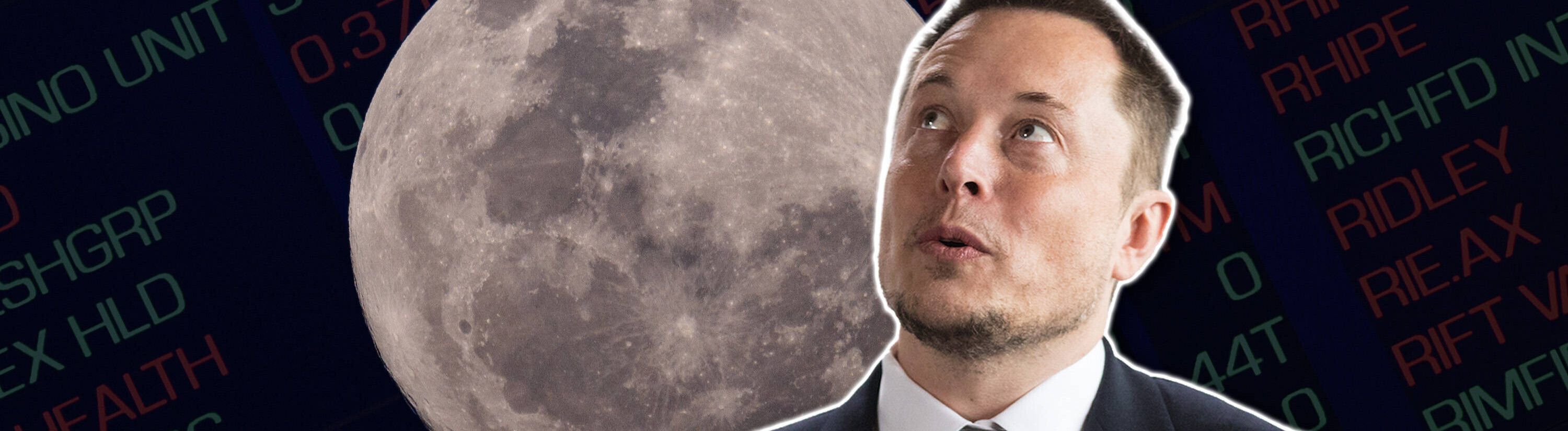 Bildmontage: Elon Mus vor einem Mond, im Hintergund Börsenzahlen