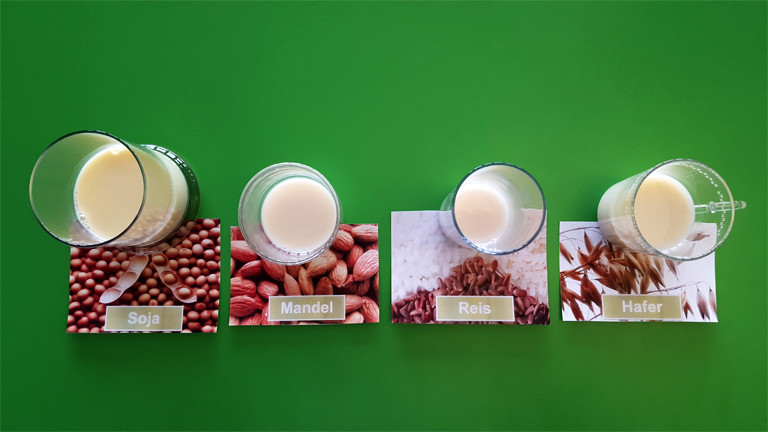 Beispiele von Milchersatzprodukten im Glas: Soja, Mandel, Reis und Hafer