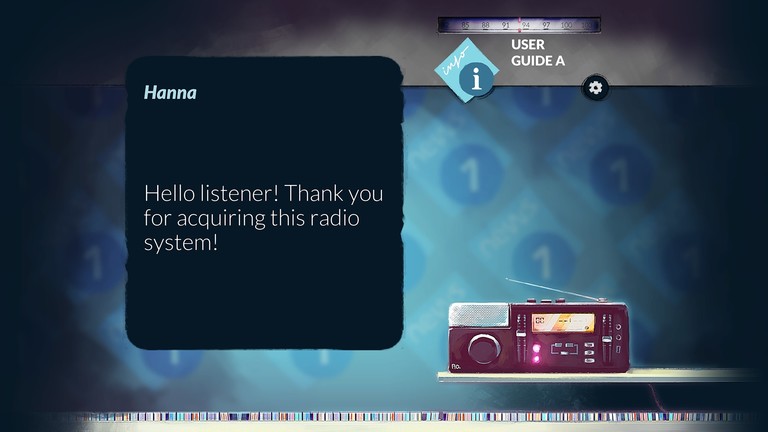 Ein Screenshot aus dem Spiel Alt-Frequencies. Der Dialog in der Mitte lautet "Hello listener! Thank you for acquiring this radio system!"