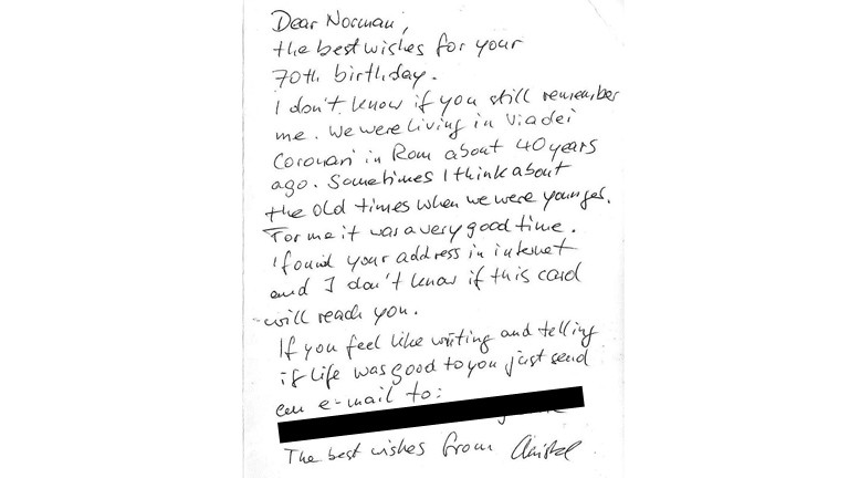 Die Postkarte, die Christel Brumann Norman Stone nach 40 Jahren geschickt hat.