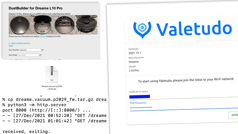 Die nächsten Hacking-Schritte bestehen im Erstellen, Herunterladen und Aufspielen einer eigenen Valetudo-Firmware - dann erscheint das Valetudo-Frontend, in dem man dem Roboter endlich gefahrlos die WLAN-Zugangsdaten verraten kann.
