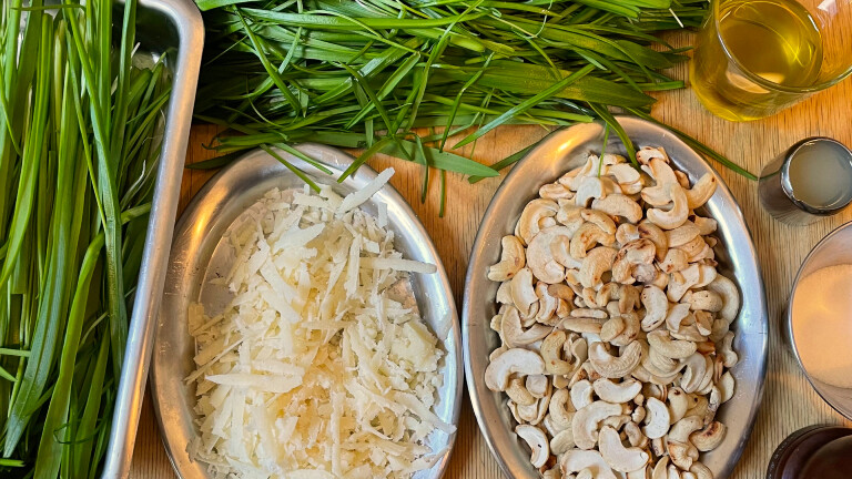 Pesto mit geröstetem Cashewbruch, Peccorino, Olivenöl, Zitronensaft, Salz und Pfeffer