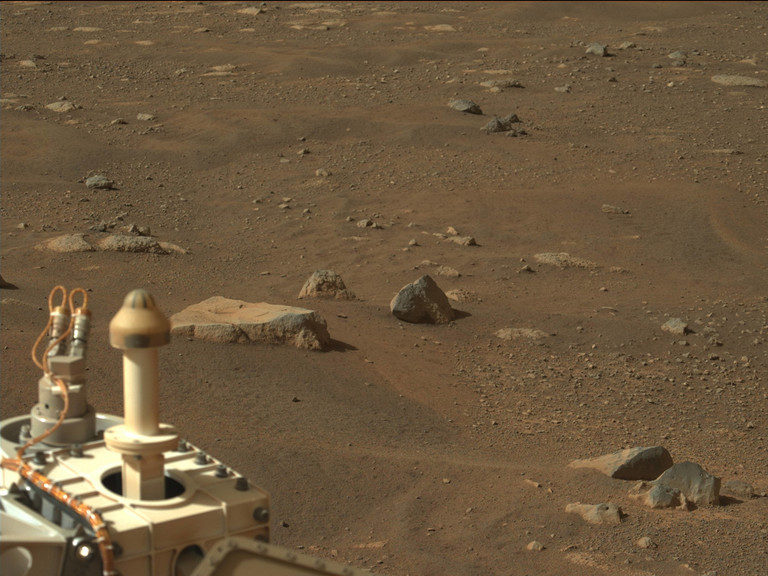 Landschaft auf dem Mars. Im Vordergrund ist ein Teil des Mars Rover Preserverance zu sehen. Im Hintergrund staubiger Boden und einzelne Steine.