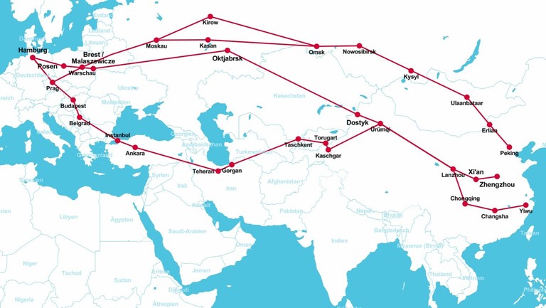 Eine Open-Map-Ansicht der Zugroute von China nach Deutschland.