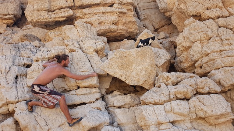 Ein Mann und eine Katze klettern an Felsen entlang