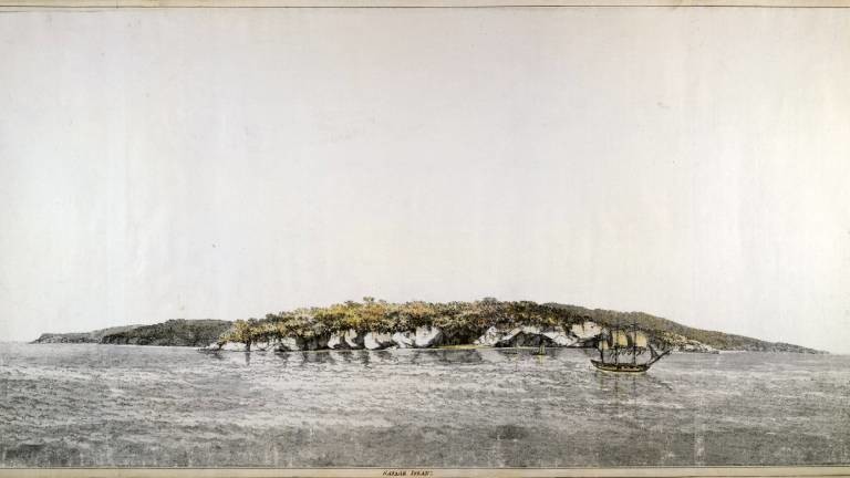 Illustration der Insel Niue von William Hodges aus dem 18. Jahrhundert, angefertigt auf Cooks zweiter großen Forschungsreise