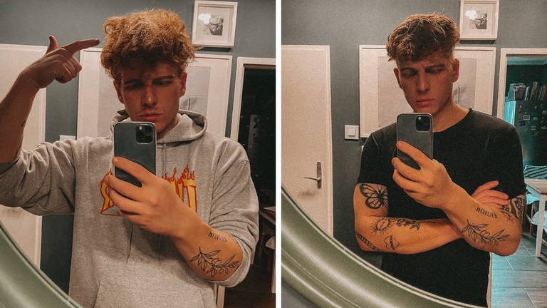 Patrik Plenk vor (links) und nach (rechts) seinem DIY-Haarschnitt.