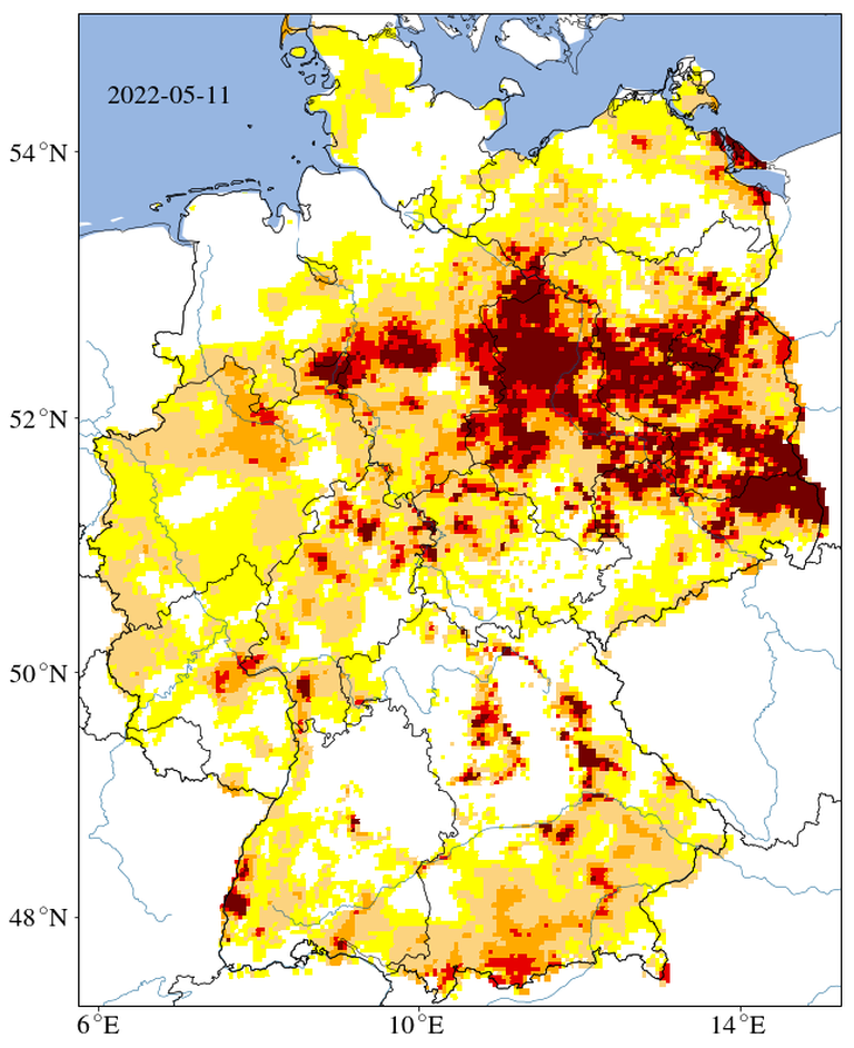 Dürremonitor Helmholtz Zentrum für Umweltforschung: Karte zeigt Gesamtboden bis ca. 1,8 Meter im Mai