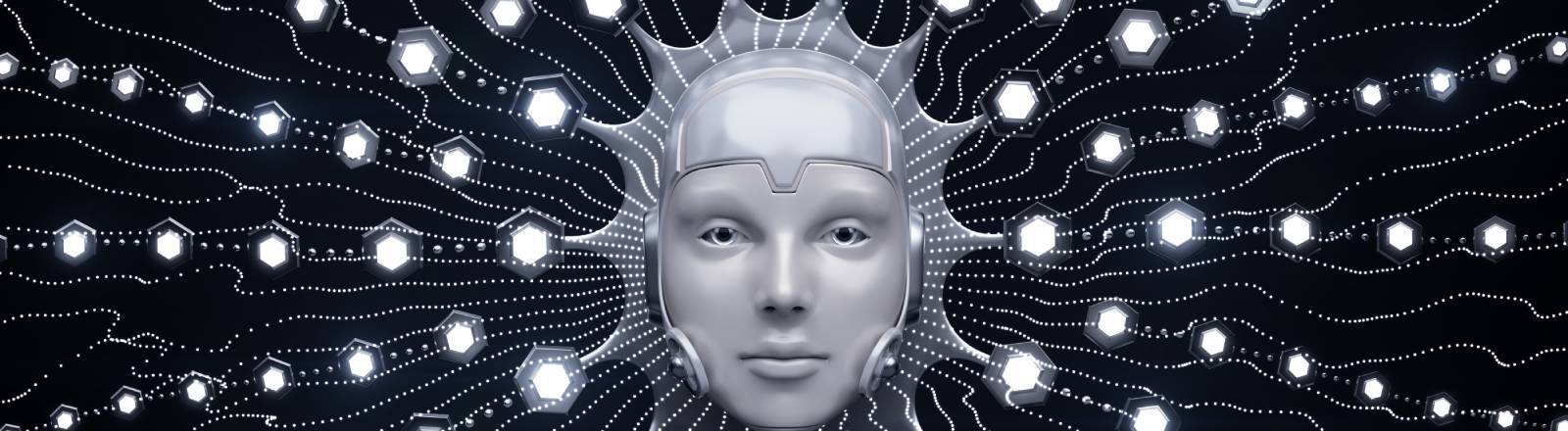 Ein silberfarbener, stiliserter Kopf auf schwarzem Hintergrund, daneben in Strahlen angeordnete Punkte