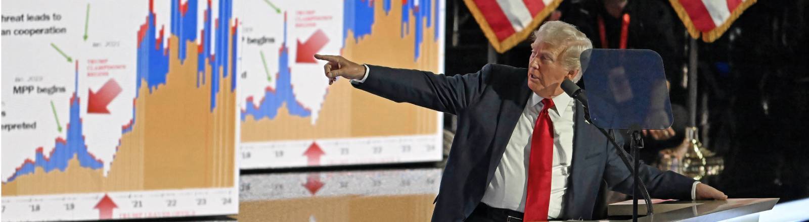 US-Präsident Donald Trump verweist auf Fotos einiger Diagramme, die er während seiner Dankesrede als republikanischer Präsidentschaftskandidat auf dem Republikanischen Parteitag in Milwaukee zeigt.