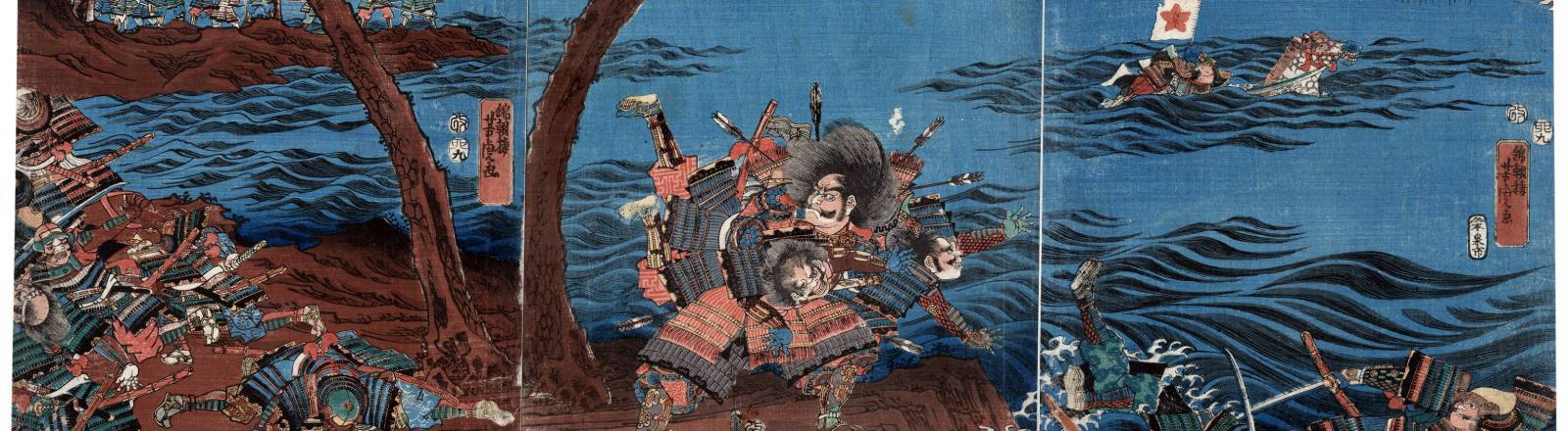 Das Bild zeigt die Schlacht von Yashima im Jahr 1185. Minamoto no Yoshitsune führt eine kleine Truppe von Minamoto-Soldaten in einem Überraschungsangriff auf die Taira-Armee an.