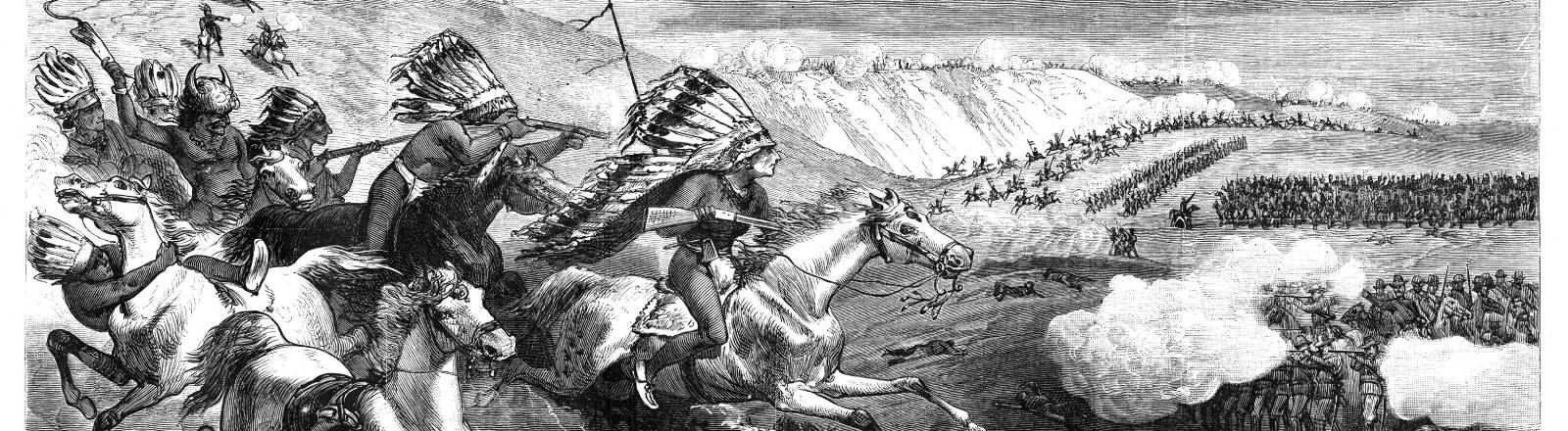 GROSSER SIOUX-KRIEG, 1876. Sioux-Krieger greifen die Kavallerie von Oberst William Royall in der Schlacht am Rosebud Creek während des Großen Sioux-Krieges am 17. Juni 1876 an. Zeitgenössischer Kupferstich nach einer Skizze von Charles St. George Stanley.