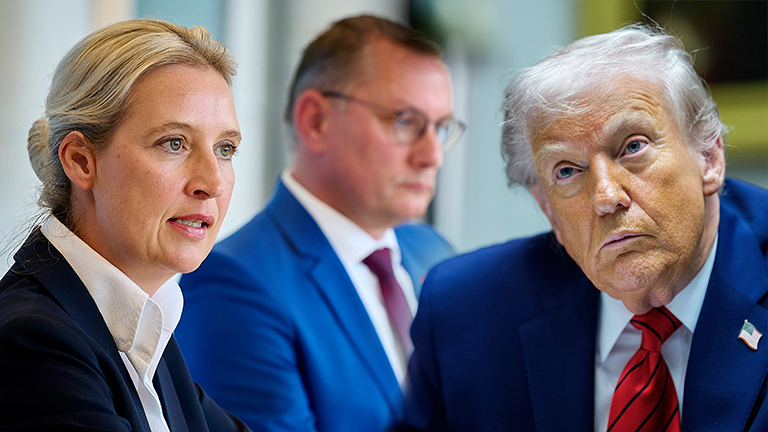 Collage eines Fotos der AfD-Vorsitzenden Alice Weidel und Tino Chrupalla auf der linken und eines Fotos von US-Präsident Donald Trump auf der rechten Seite