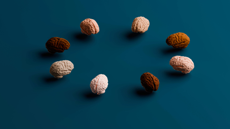 Eine kleine Gruppe modellierter Gehirne trifft sich auf einer grünen Fläche. Sie selbst haben unterschiedliche Farben.