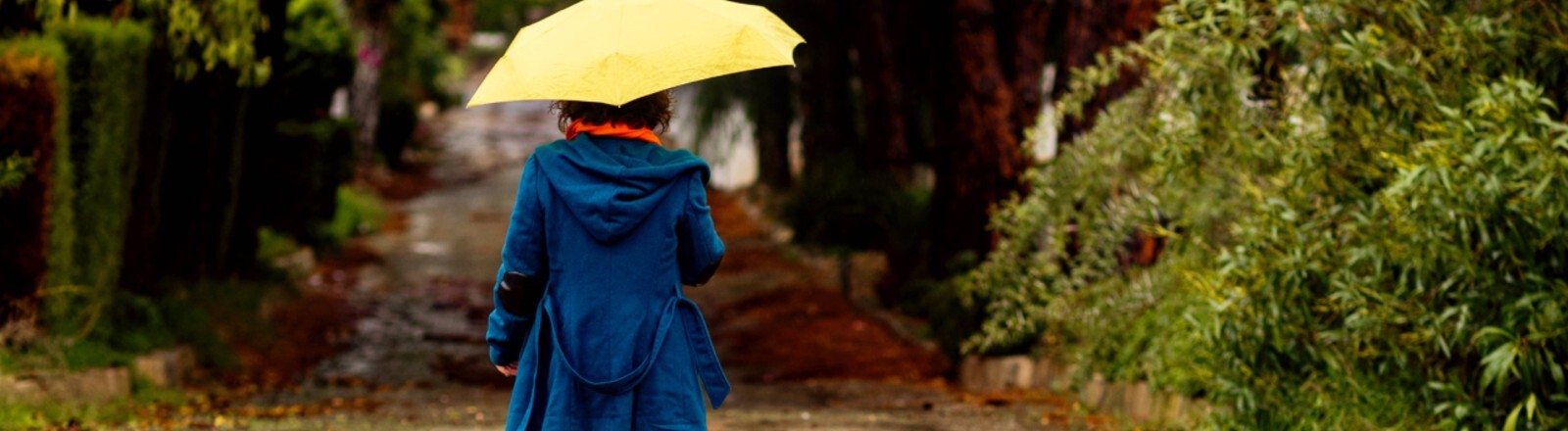 Rückenansicht einer Frau im Mantel, mit gelbem Regenschirm und Gummistiefeln.