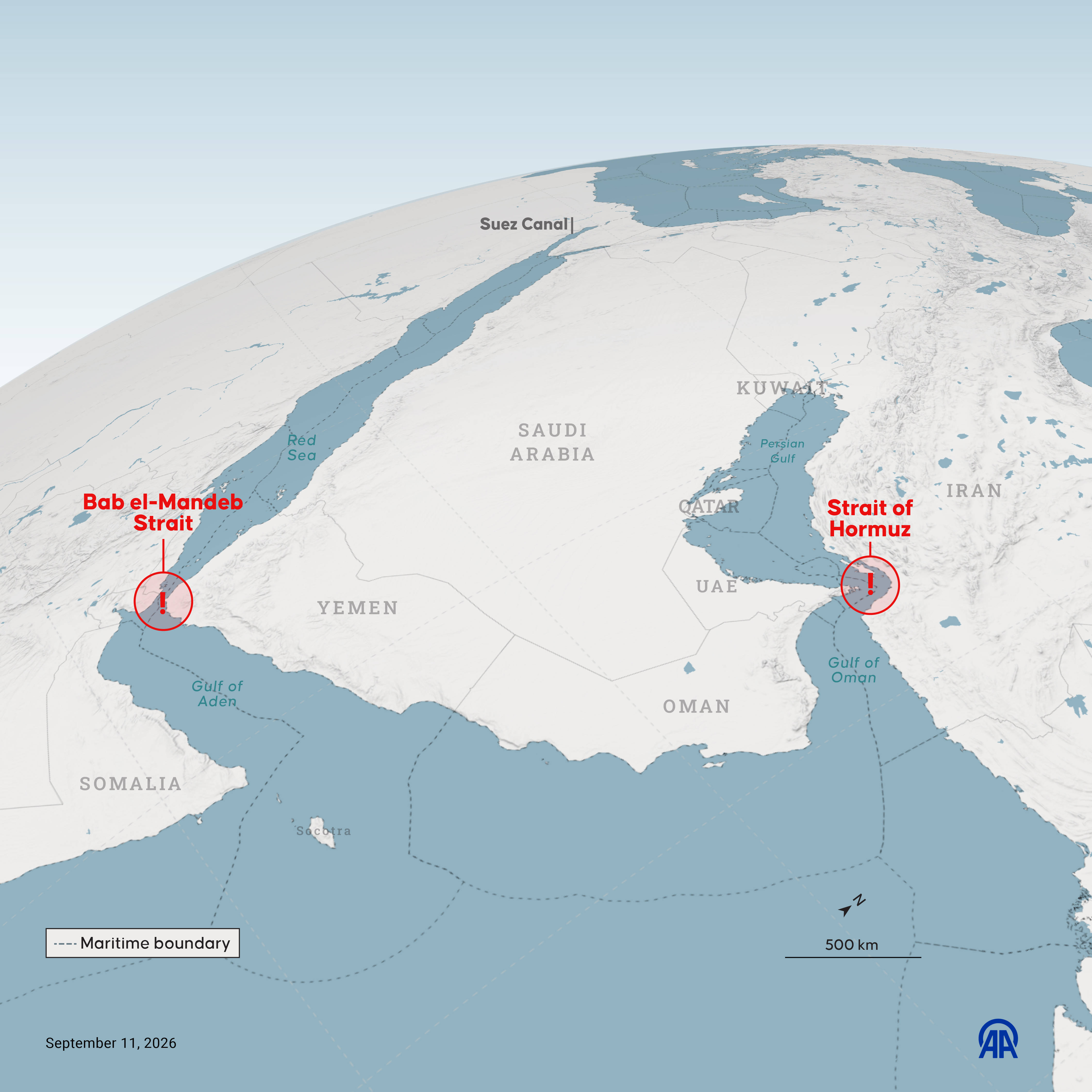 Die Straße von Bab el-Mandeb Strait und die Straße von Hormuz