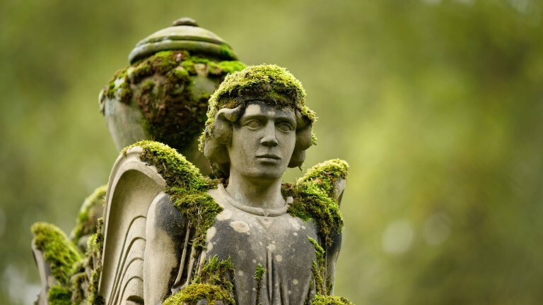 Verwunschene, moosbedeckte Sphinx-Statue mit Urne voller Magie, Geschichte und Mystik im Licht des Melaten-Friedhofs, Köln
