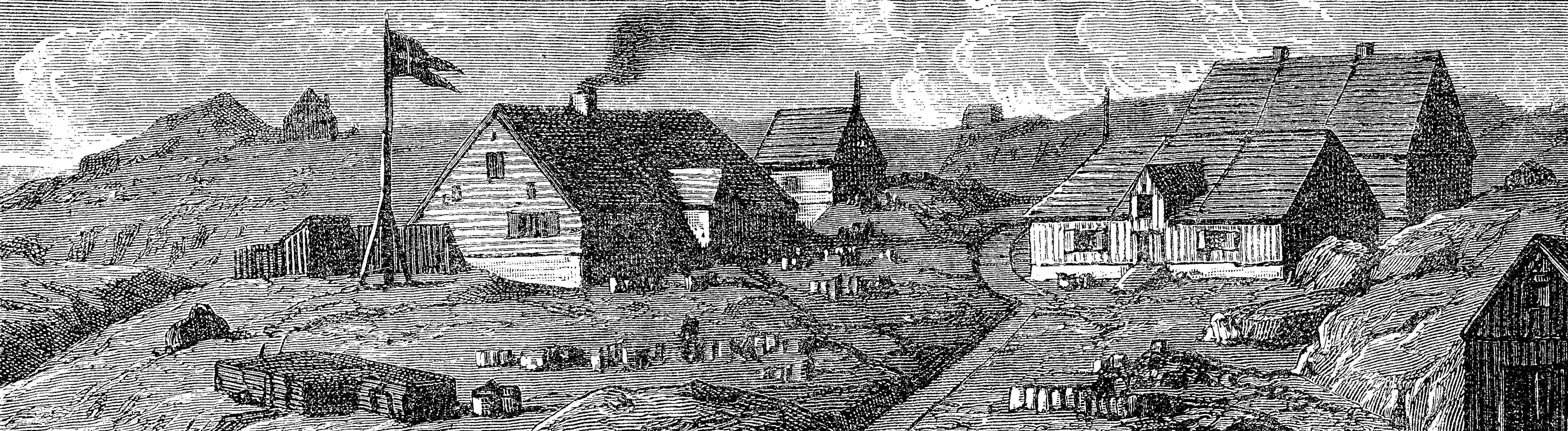 Die Siedlung Jakobshavn an der Westküste von Grönland, im Jahre 1882, digitale Reproduktion einer Originalvorlage aus dem 19. Jahrhundert