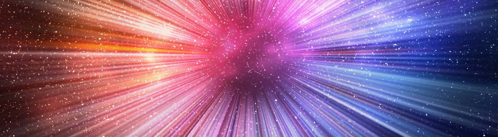 3D-Illustration einer leuchtend roten und blauen Galaxie. Das Zentrum liegt in der Mitte des Bildes, von der aus helle Strahlen nach außen schießen.