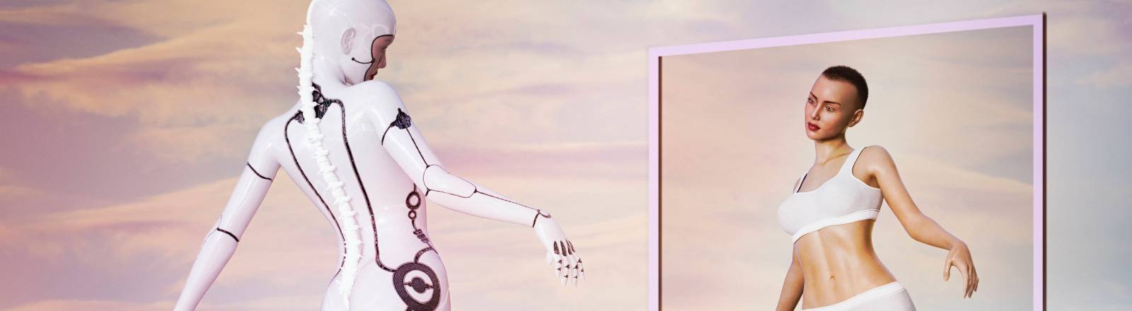 Ein Roboter blickt in einen Spiegel und ist darin als Frau zu sehen