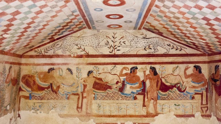 Geschichte der Etrusker, etruskische Wandmalerei im Grab der Leoparden, Tomba dei Leopardi, Monterozzi-Nekropole, Tarquinia, Italien