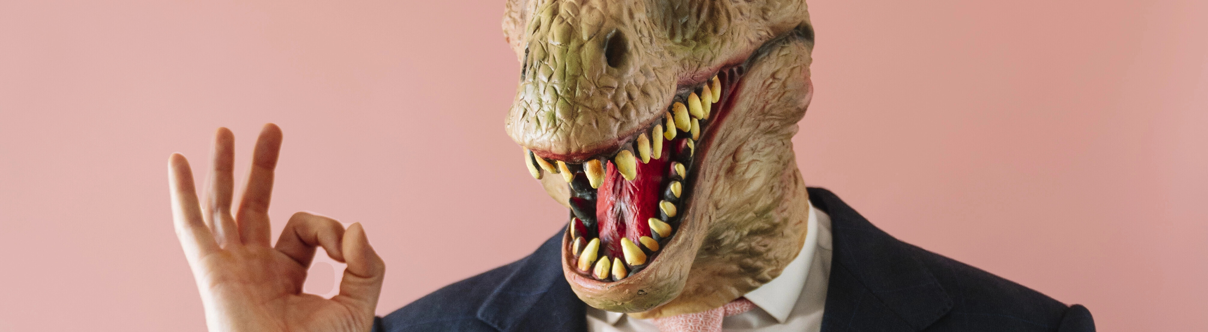 Mann mit einer Eidechsenmaske schaut in die Kamera