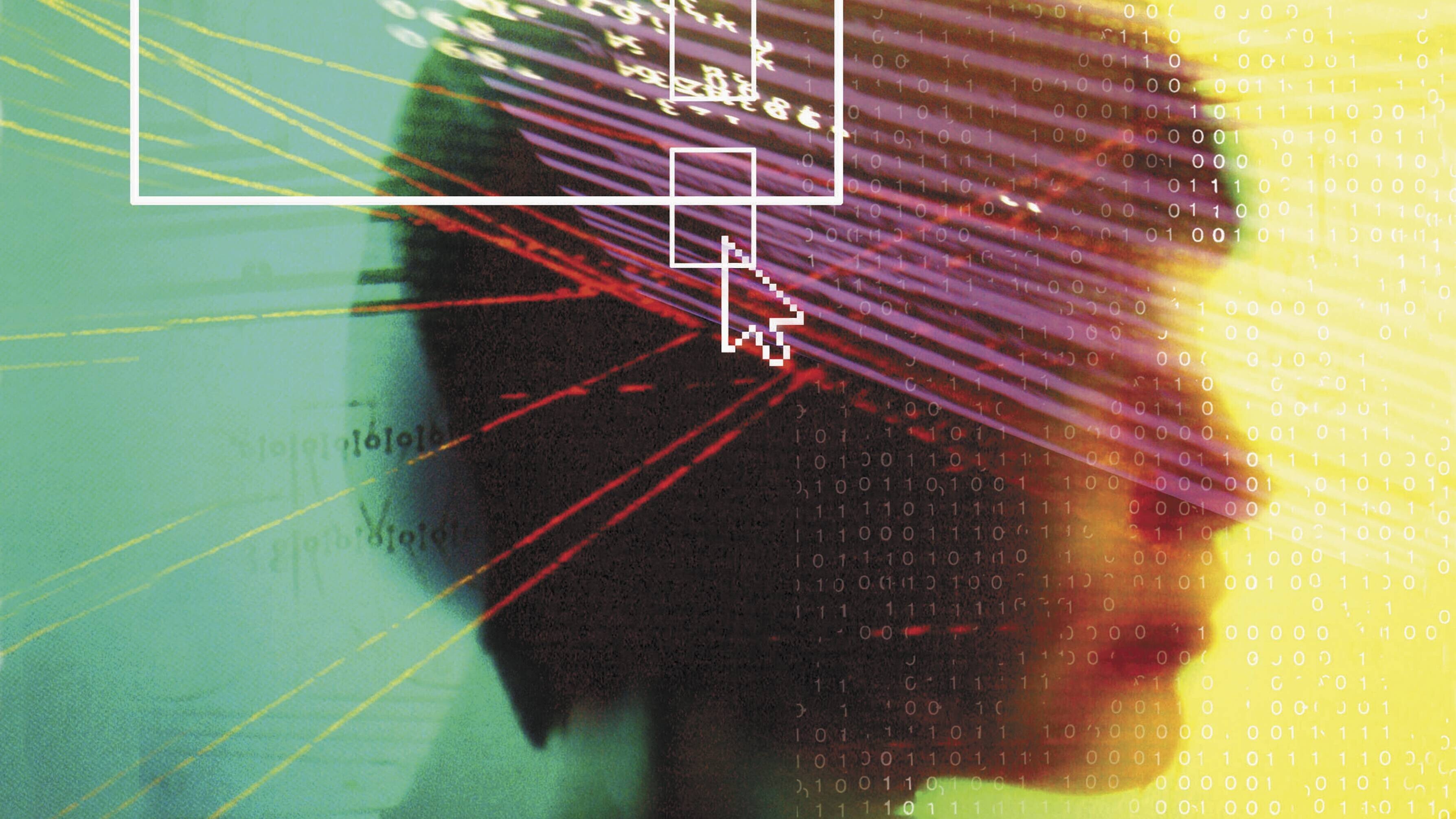 Symbolbild-Collage: Kopf einer Frau überlagert von digitalen Daten