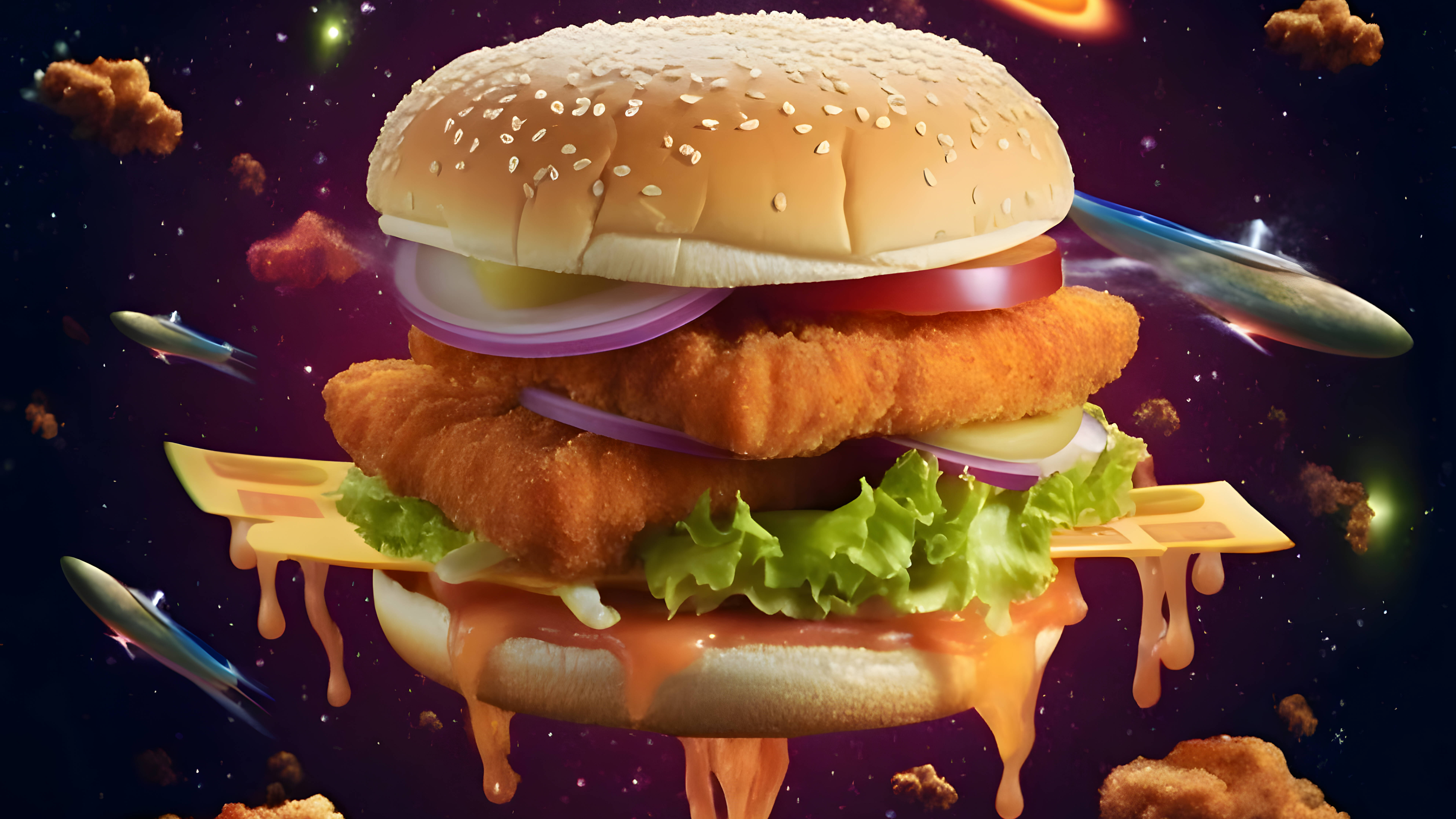Illustration eines Hamburgers der durchs Weltall fliegt. Im Hintergrund sind Raumschiffe zu sehen.