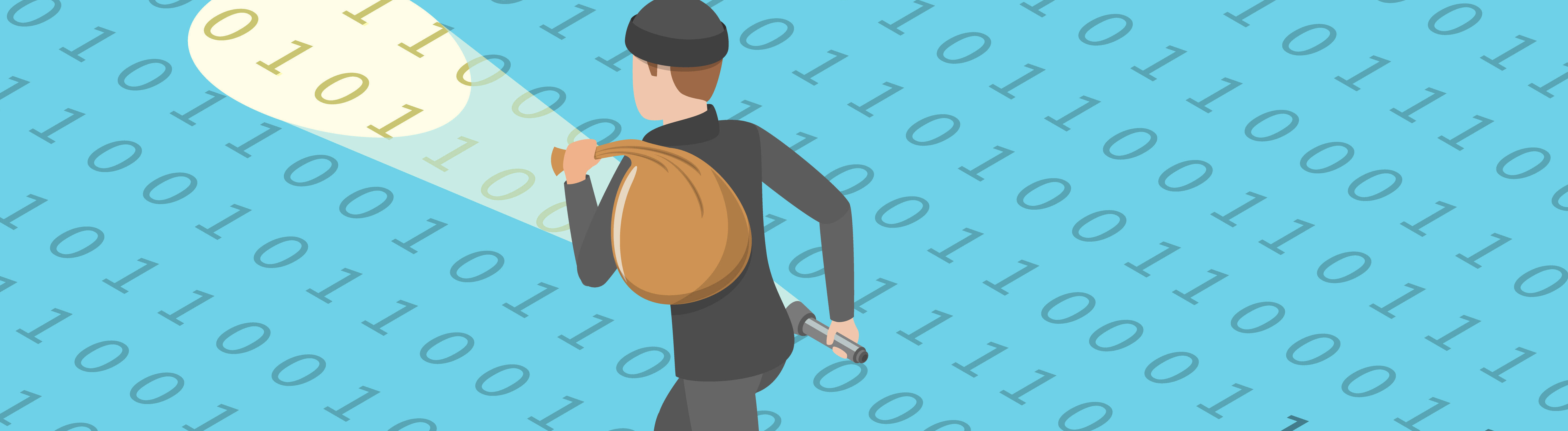 Ein animiertes Bild stellt symbolisch das Abgreifen von Daten im Netz dar. Ein Dieb läuft mit einer Taschenlampe und einem Sack über ein Feld bestehende aus den Ziffern 1 und 0.