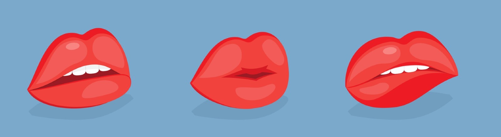 Auf blauem Hintergrund ist eine 3D-Animation verschiedener Münder mit roten Lippen zu sehen.